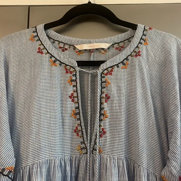 Zara Boho Mini Dress Blue and White Striped Embroidered size Small - Picture 4 of 12